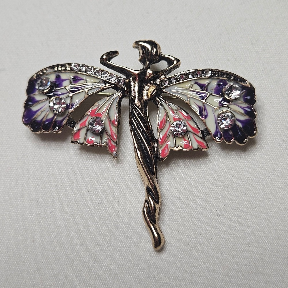 Butterfly Fairy Brooch/Pendant Women OS Gold Purple Enamel Rhinestone Pin Art